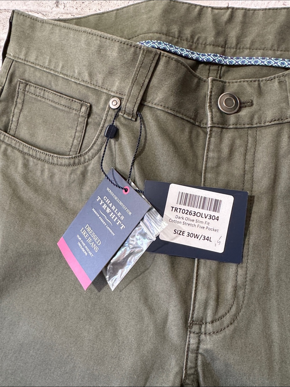 NEW Charles Tyrwhitt mens 30x34 slim fit dark olive five pocket pants NWT - Picture 4 of 5